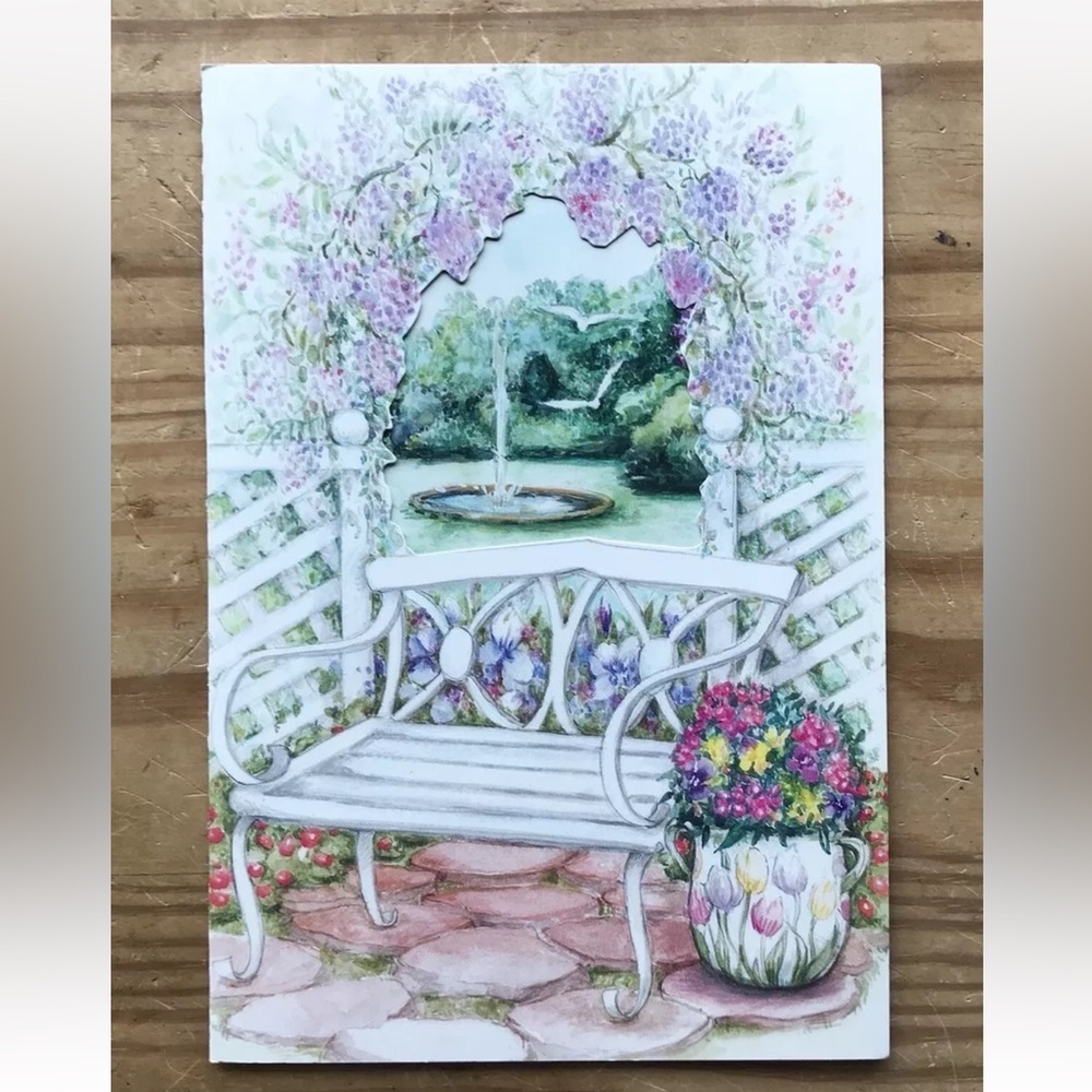 Vintage Olympicard Get Well Card Floral Garden Gate Fountain Cottage Core